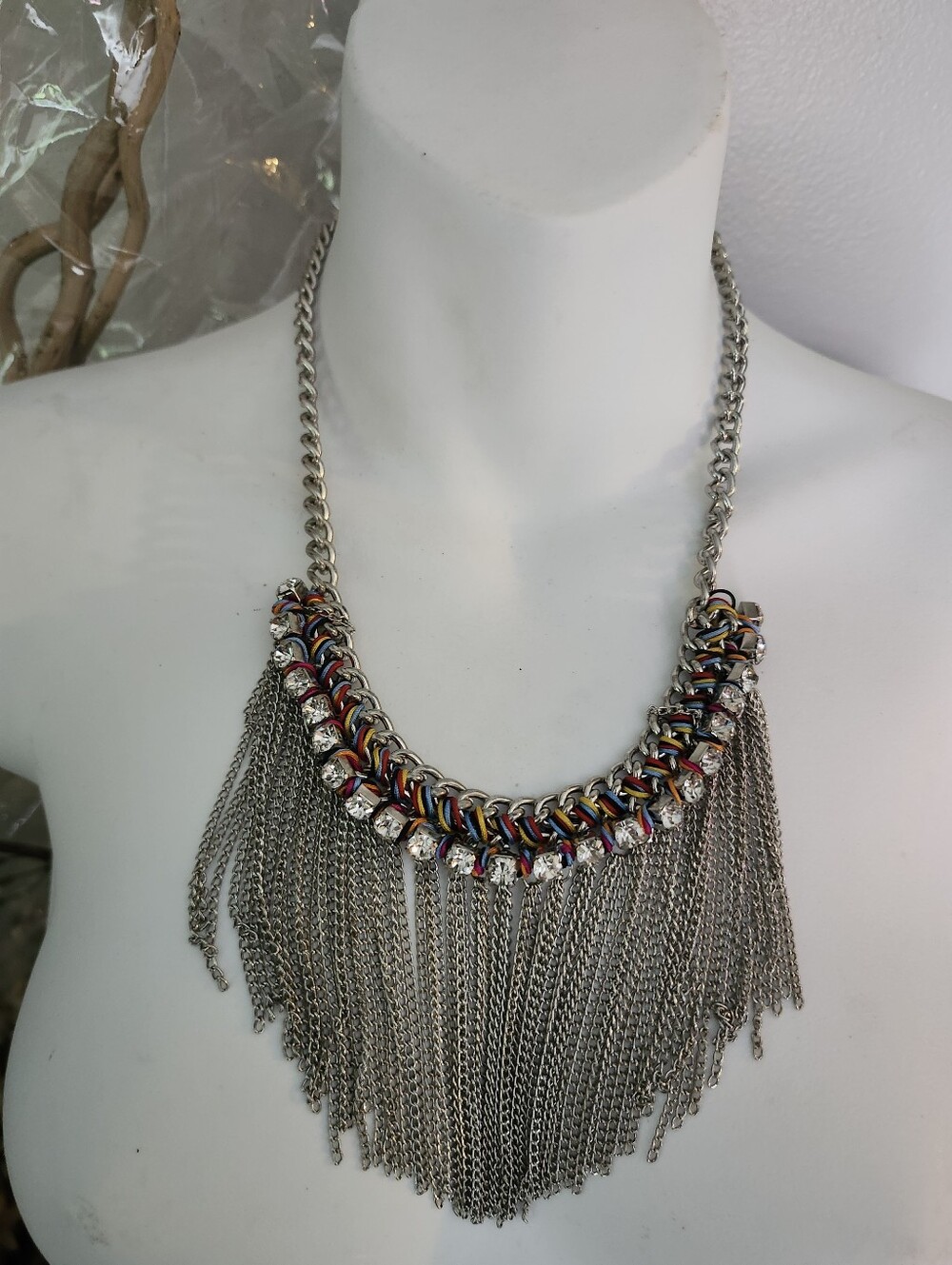 Boho Silver Fringe Necklace with Multicolor Braided Detail